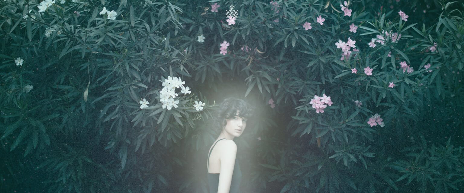 Femme devant un arbre en fleur avec une aura lumineuse, symbolisant l’éveil, l’énergie, et l'accomplissement.